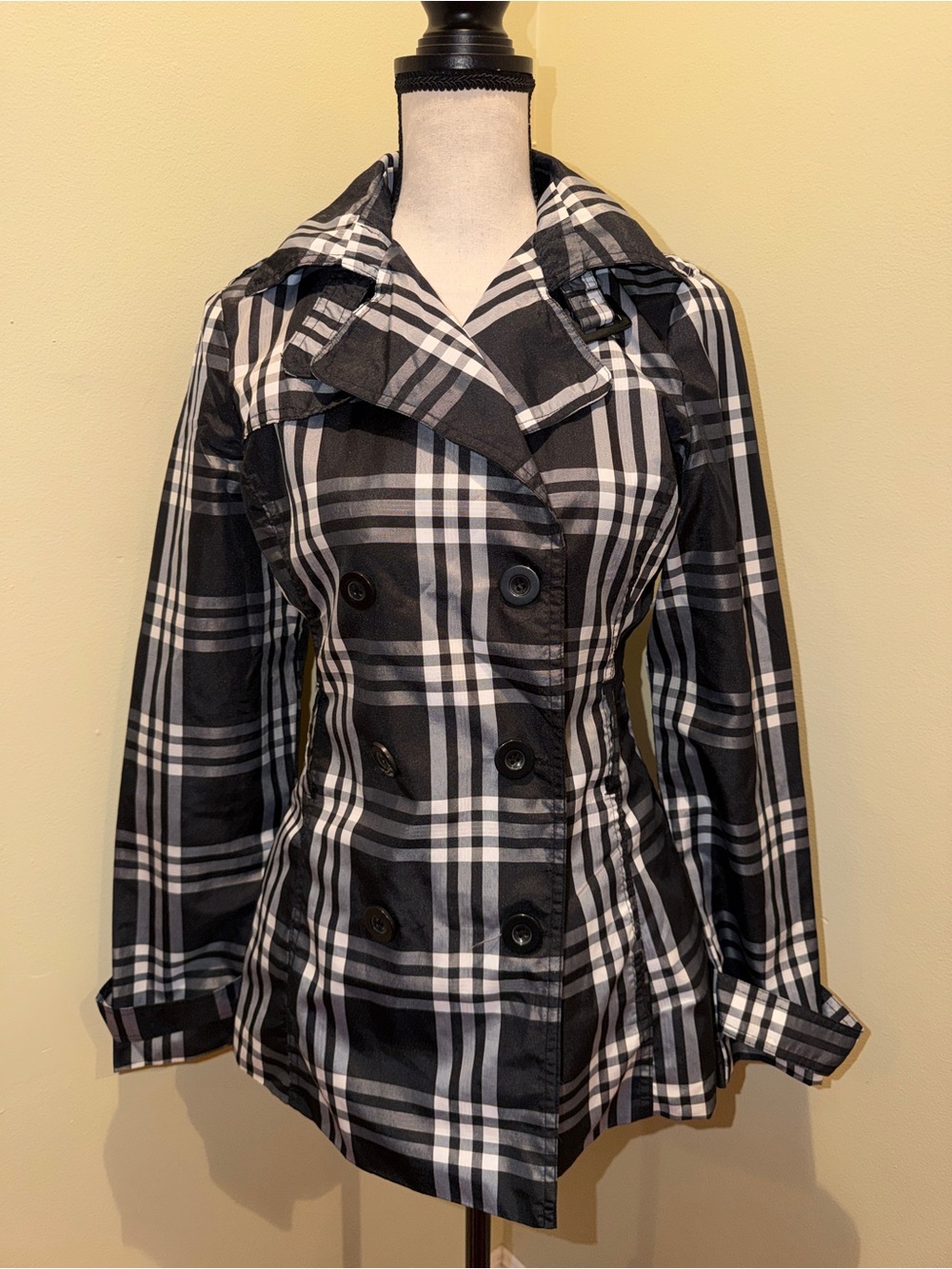 Charlotte Russe Black & White Plaid Double Breasted Trench Coat Jacket Size M